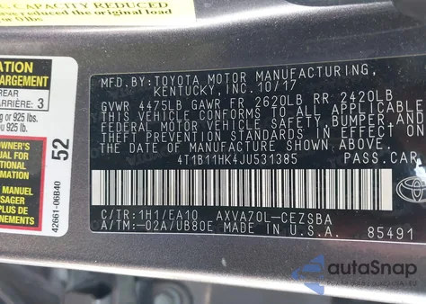 2018 Toyota Camry Se from USA, damaged, VIN 4T1B11HK4JU531385
